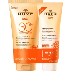 NUXE Duo Lait Solaire Fondant Haute Protection SPF30 150ml et Shampooing Douche après-soleil 100ml offert New